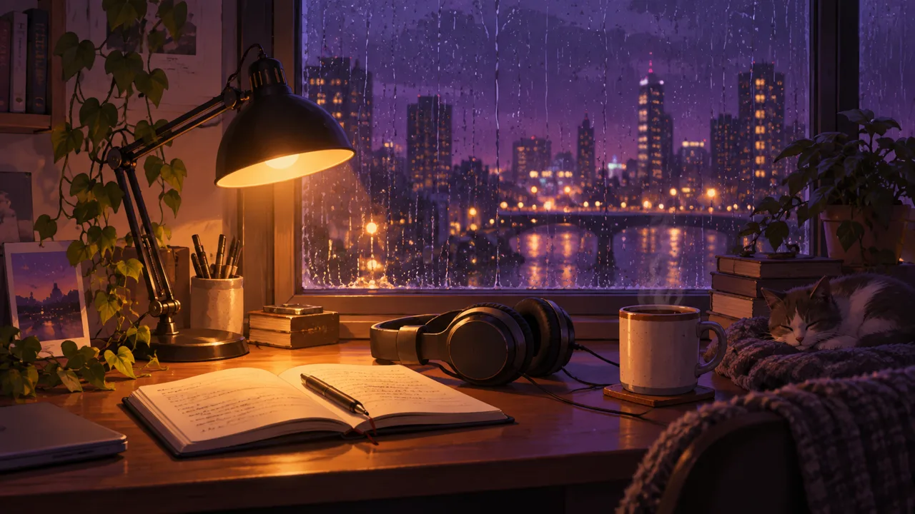 Cover art for Rainy Desk Lights, an AI Lo-fi example
