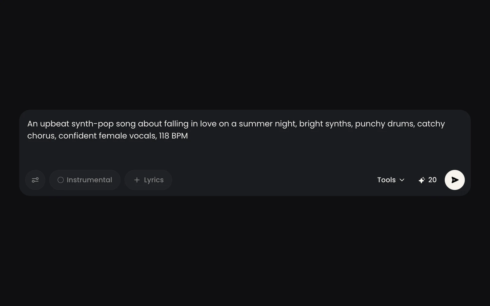 The SongGPT prompt box with a synth-pop song description typed in