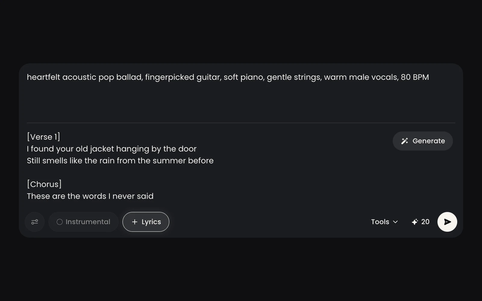 The SongGPT composer with Lyrics on, showing the style box above pasted lyrics