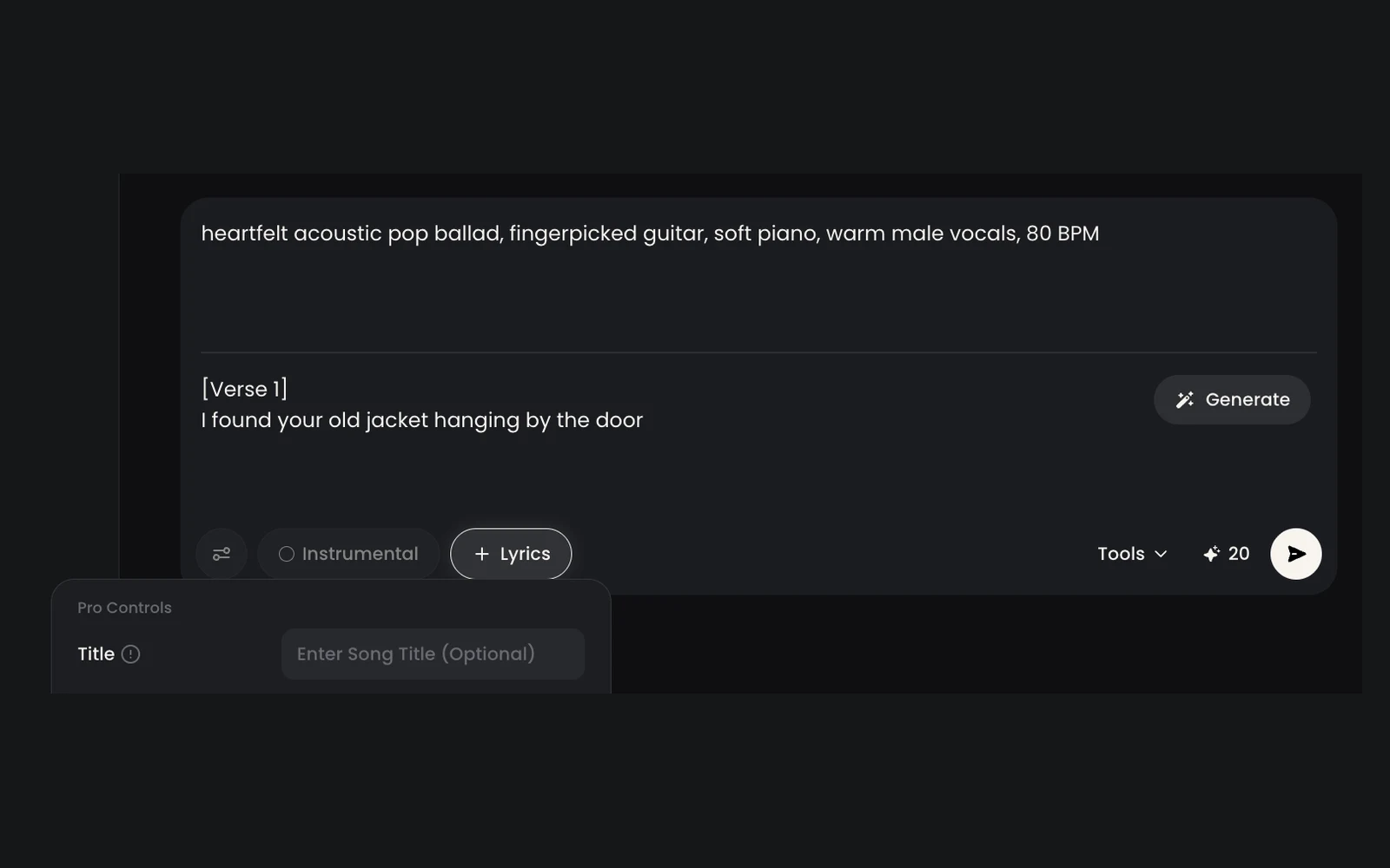 The SongGPT Pro Controls panel with Title, Weirdness, and Style Influence